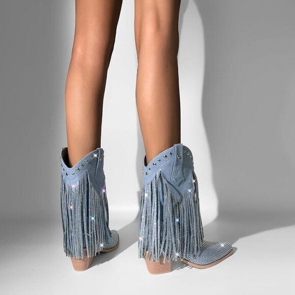 ✨ Sexytag Cowgirl Boots Women Grey Synthetic Sparkly Wide Calf Western Boots - Picture 6 of 6